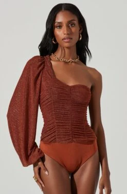 Marta Metallic Ruched One Sleeve Top -Chic Ladies Wear Shop ACT17438 RUSTMETALLIC 3