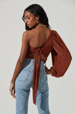 Marta Metallic Ruched One Sleeve Top -Chic Ladies Wear Shop ACT17438 RUSTMETALLIC 5