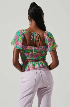 Leigh Floral Pleated Puff Sleeve Top -Chic Ladies Wear Shop ACT17509 GREENPINKMULTI 4