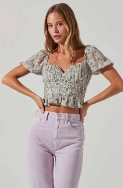 Leigh Floral Pleated Puff Sleeve Top -Chic Ladies Wear Shop ACT17509 GREENPURPLEFLORAL 2