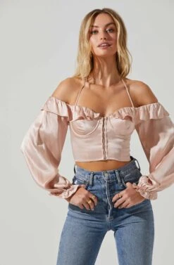 Allison Off Shoulder Halter Long Sleeve Top -Chic Ladies Wear Shop ACT17563 BLUSH 2