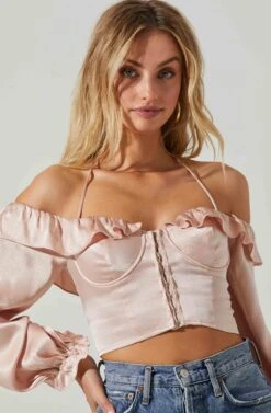 Allison Off Shoulder Halter Long Sleeve Top -Chic Ladies Wear Shop ACT17563 BLUSH 3