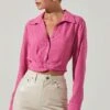 Camden Cropped Button Down Collared Top -Chic Ladies Wear Shop ACT17611S PINK 2