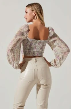 Bonnie Floral Plisse Long Sleeve Crop Top -Chic Ladies Wear Shop ACT17693DS LILACBLUEMULTI 3