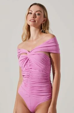 Cornelia Ruched Off Shoulder Bodysuit -Chic Ladies Wear Shop ACT17694 PINK 3