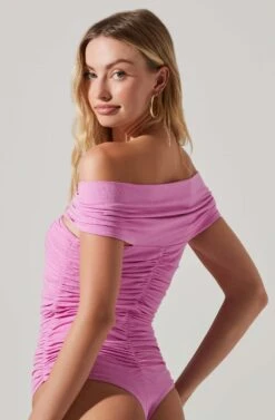 Cornelia Ruched Off Shoulder Bodysuit -Chic Ladies Wear Shop ACT17694 PINK 4