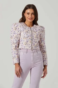 Brea Floral Quilted Cropped Puff Sleeve Jacket -Chic Ladies Wear Shop ACT17697 LILACCORALMULTI 1 4
