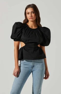 Juno Side Cutout Puff Sleeve Peplum Top 29 Juno Side Cutout Puff Sleeve Peplum Top -Chic Ladies Wear Shop ACT17698 BLACK 1 2