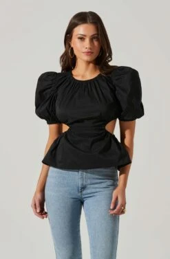 Juno Side Cutout Puff Sleeve Peplum Top 27 Juno Side Cutout Puff Sleeve Peplum Top -Chic Ladies Wear Shop ACT17698 BLACK 1 3
