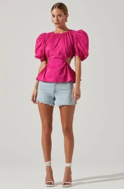 Juno Side Cutout Puff Sleeve Peplum Top 22 Juno Side Cutout Puff Sleeve Peplum Top -Chic Ladies Wear Shop ACT17698 FUCHSIA 1