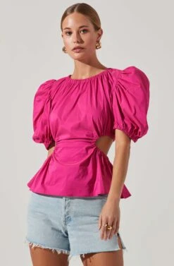 Juno Side Cutout Puff Sleeve Peplum Top 23 Juno Side Cutout Puff Sleeve Peplum Top -Chic Ladies Wear Shop ACT17698 FUCHSIA 2