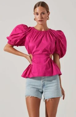 Juno Side Cutout Puff Sleeve Peplum Top 21 Juno Side Cutout Puff Sleeve Peplum Top -Chic Ladies Wear Shop ACT17698 FUCHSIA 3