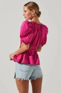 Juno Side Cutout Puff Sleeve Peplum Top 25 Juno Side Cutout Puff Sleeve Peplum Top -Chic Ladies Wear Shop ACT17698 FUCHSIA 4