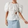 Juno Side Cutout Puff Sleeve Peplum Top -Chic Ladies Wear Shop ACT17698 WHITE 2
