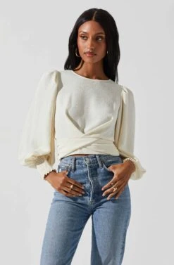 Wrenley Twist Front Puff Sleeve Top 28 Wrenley Twist Front Puff Sleeve Top -Chic Ladies Wear Shop ACT17827 CREAM 4