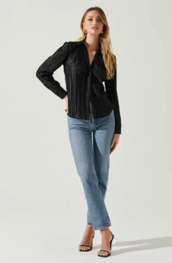 Laurel Satin Pleated Long Sleeve Top -Chic Ladies Wear Shop ACT17840P BLACK 1