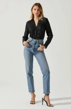 Laurel Satin Pleated Long Sleeve Top -Chic Ladies Wear Shop ACT17840P BLACK 2