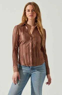 Laurel Satin Pleated Long Sleeve Top -Chic Ladies Wear Shop ACT17840P BROWN 3