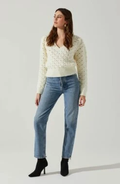 Bianca V Neck Pointelle Sweater -Chic Ladies Wear Shop ACT17869 CREAM 2