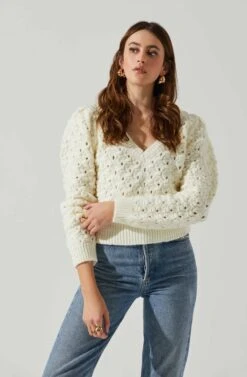 Bianca V Neck Pointelle Sweater -Chic Ladies Wear Shop ACT17869 CREAM 4