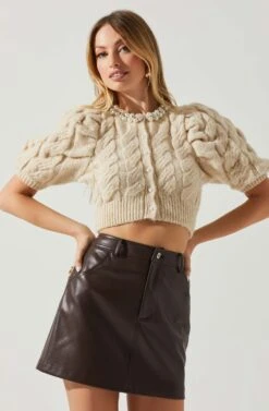 Aitana Pearl Embellished Cable Knit Short Sleeve Sweater -Chic Ladies Wear Shop ACT17877 CREAM 3