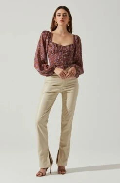 Penny Floral Puff Sleeve Top -Chic Ladies Wear Shop ACT17882C BROWNPURPLEFLORAL 2