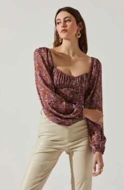 Penny Floral Puff Sleeve Top -Chic Ladies Wear Shop ACT17882C BROWNPURPLEFLORAL 4