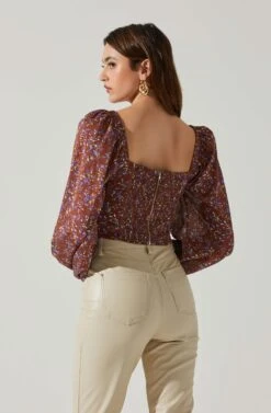 Penny Floral Puff Sleeve Top -Chic Ladies Wear Shop ACT17882C BROWNPURPLEFLORAL 5