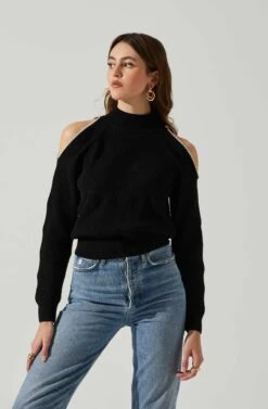 Tori Pearl Embellished Cold Shoulder Sweater -Chic Ladies Wear Shop ACT17885 BLACK 3