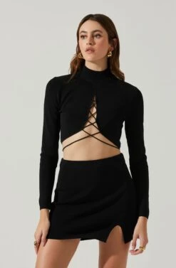 Raven Mock Neck Tie Waist Sweater -Chic Ladies Wear Shop ACT17903 BLACK 3