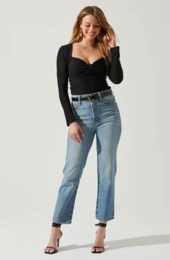 Ren Textured Sweetheart Long Sleeve Top -Chic Ladies Wear Shop ACT17975 BLACK 2