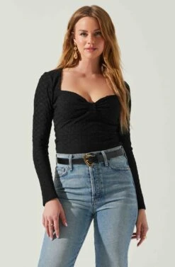 Ren Textured Sweetheart Long Sleeve Top -Chic Ladies Wear Shop ACT17975 BLACK 4