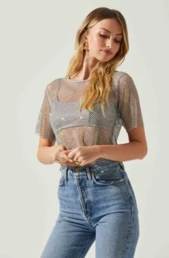 Mckay Rhinestone Mesh Short Sleeve Top -Chic Ladies Wear Shop ACT18042 GREY 4