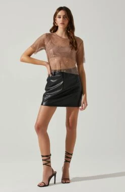 Mckay Rhinestone Mesh Short Sleeve Top -Chic Ladies Wear Shop ACT18042 TAUPE 1