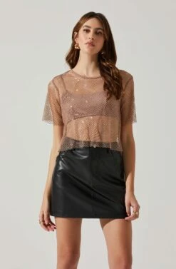 Mckay Rhinestone Mesh Short Sleeve Top -Chic Ladies Wear Shop ACT18042 TAUPE 2