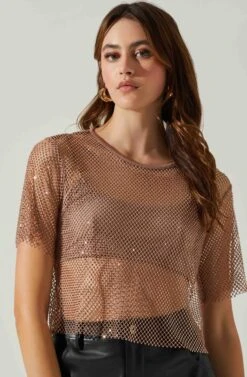 Mckay Rhinestone Mesh Short Sleeve Top -Chic Ladies Wear Shop ACT18042 TAUPE 3