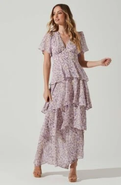 Tayla Floral Tiered Midi Dress -Chic Ladies Wear Shop ADR100686B PINKLAVENDERFLORAL 1