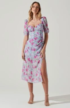 Floral Front Slit Milkmaid Midi Dress 16 Floral Front Slit Milkmaid Midi Dress -Chic Ladies Wear Shop ADR100913 BLUEMAGENTAFLORAL 1
