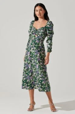 Floral Long Sleeve Twist Keyhole Front Midi Dress -Chic Ladies Wear Shop ADR100972 GREENPURPLEFLORAL 1