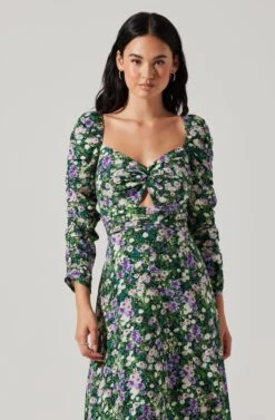 Floral Long Sleeve Twist Keyhole Front Midi Dress -Chic Ladies Wear Shop ADR100972 GREENPURPLEFLORAL 2