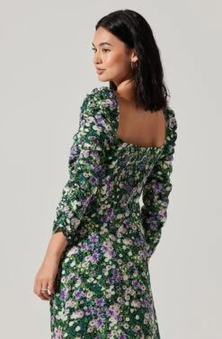 Floral Long Sleeve Twist Keyhole Front Midi Dress -Chic Ladies Wear Shop ADR100972 GREENPURPLEFLORAL 5