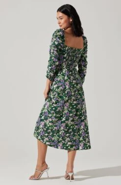 Floral Long Sleeve Twist Keyhole Front Midi Dress -Chic Ladies Wear Shop ADR100972 GREENPURPLEFLORAL 6