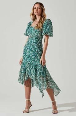 Floral Short Sleeve Asymmetrical Hem Midi Dress -Chic Ladies Wear Shop ADR101039 GREENMULTI 2