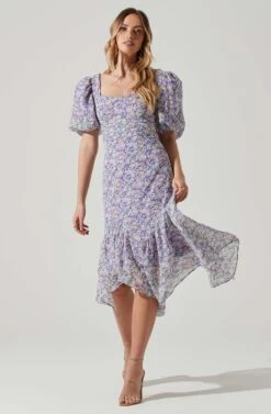 Floral Short Sleeve Asymmetrical Hem Midi Dress -Chic Ladies Wear Shop ADR101039 PURPLEMULTIFLORAL 1