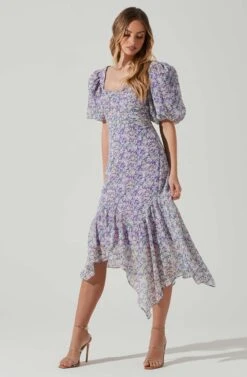 Floral Short Sleeve Asymmetrical Hem Midi Dress -Chic Ladies Wear Shop ADR101039 PURPLEMULTIFLORAL 2