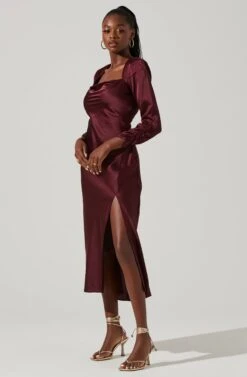 Gracie Long Sleeve Cutout Satin Midi Dress -Chic Ladies Wear Shop ADR101065 DEEPWINE 1