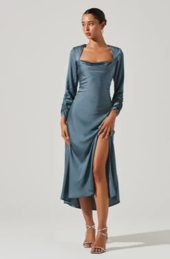 Gracie Long Sleeve Cutout Satin Midi Dress -Chic Ladies Wear Shop ADR101065 DUSTYBLUE 1