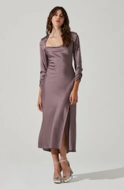 Gracie Long Sleeve Cutout Satin Midi Dress -Chic Ladies Wear Shop ADR101065 DUSTYMAUVE 0083