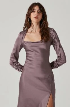 Gracie Long Sleeve Cutout Satin Midi Dress -Chic Ladies Wear Shop ADR101065 DUSTYMAUVE 0089