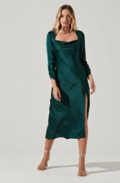Gracie Long Sleeve Cutout Satin Midi Dress -Chic Ladies Wear Shop ADR101065 HUNTERGREEN 2